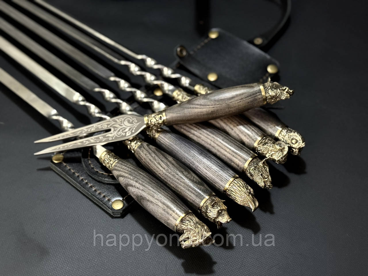 Набір 6-ти шампурів "Дикі звірі ясен" з вилкою для зняття м'яса (у шкіряному сагайдаку), фото 1