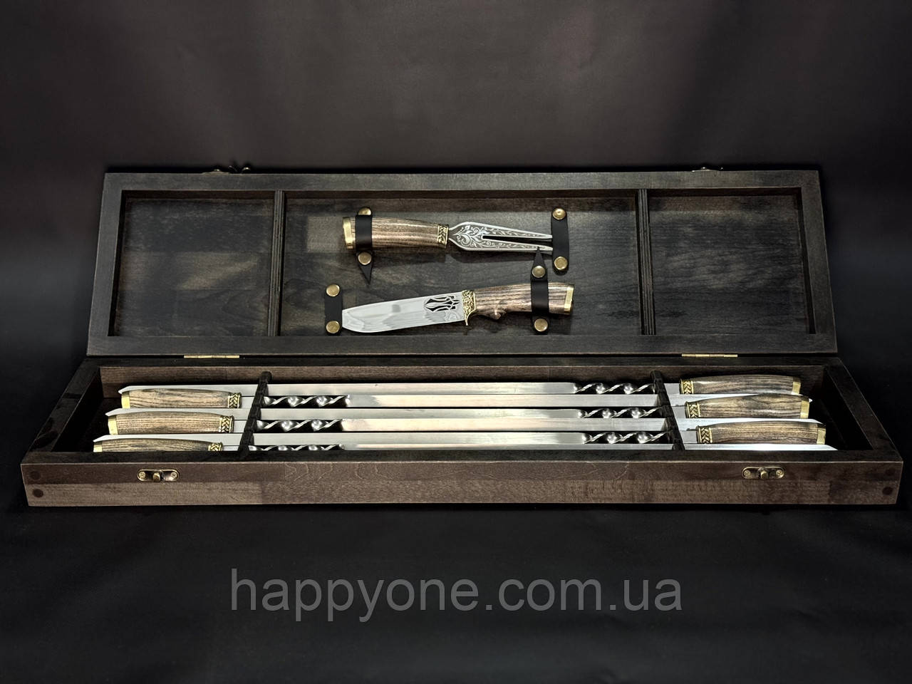 Набір 6-ти шампурів "Тризуб" з виделкою та ножем (у дерев'яному кейсі), фото 1