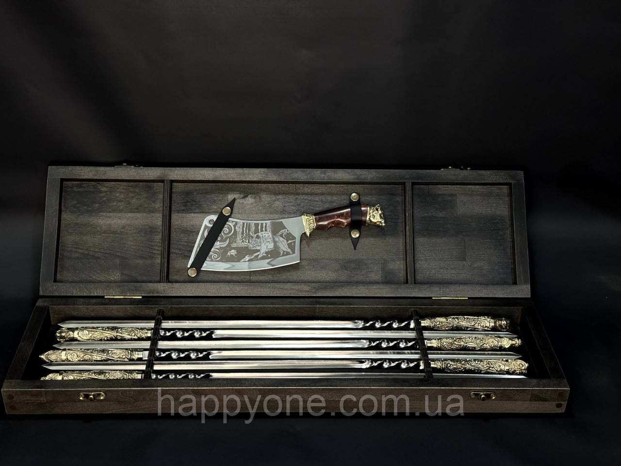 Набір 6-ти шампурів "Дикі звірі" у дерев'яному кейсі (шампура, сікач), фото 1