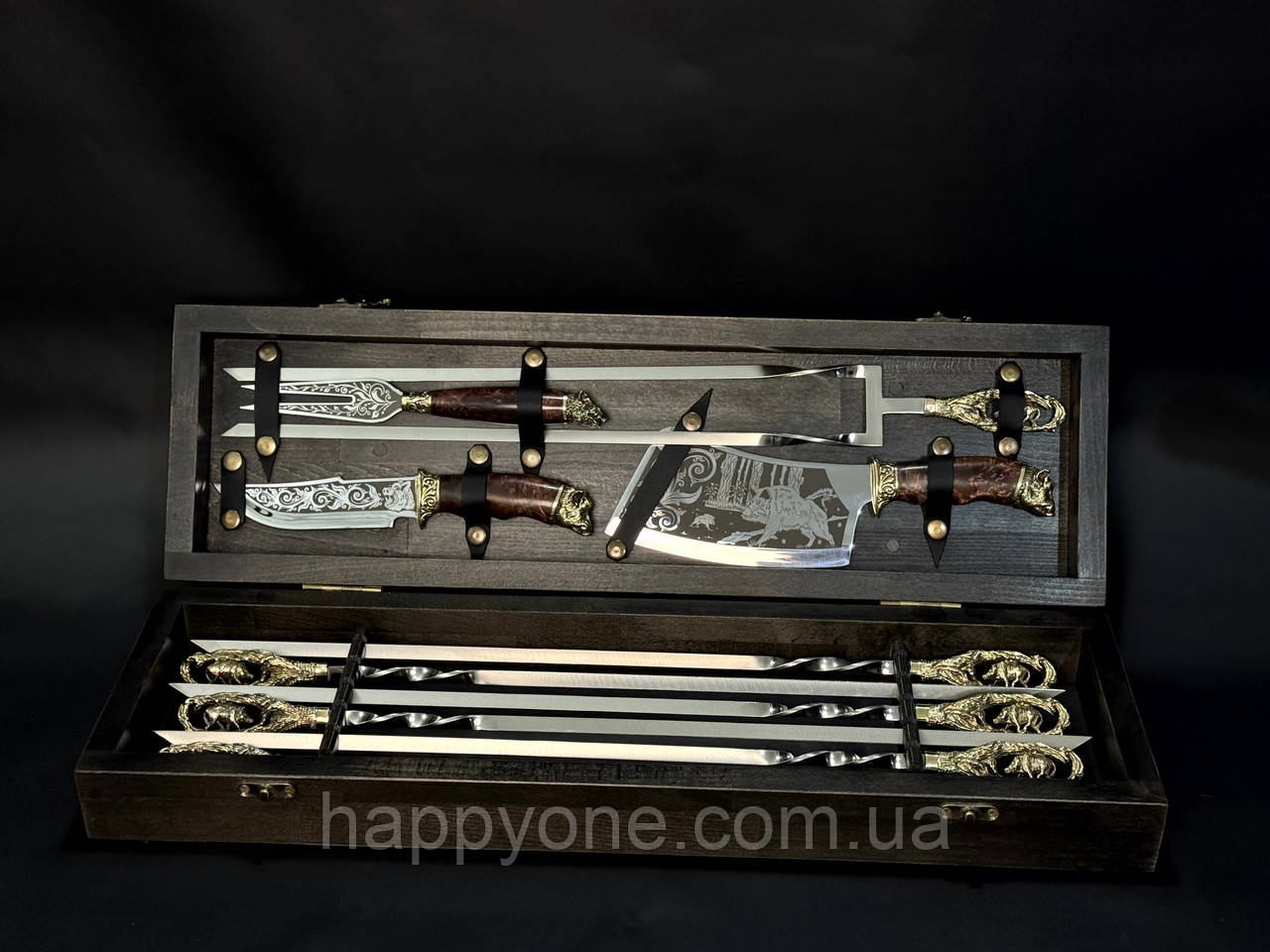 Подарунковий набір для шашлику "Кабан Max" у дерев'яному кейсі (шампура, подвійний шампур, ніж, виделка, сікач), фото 1