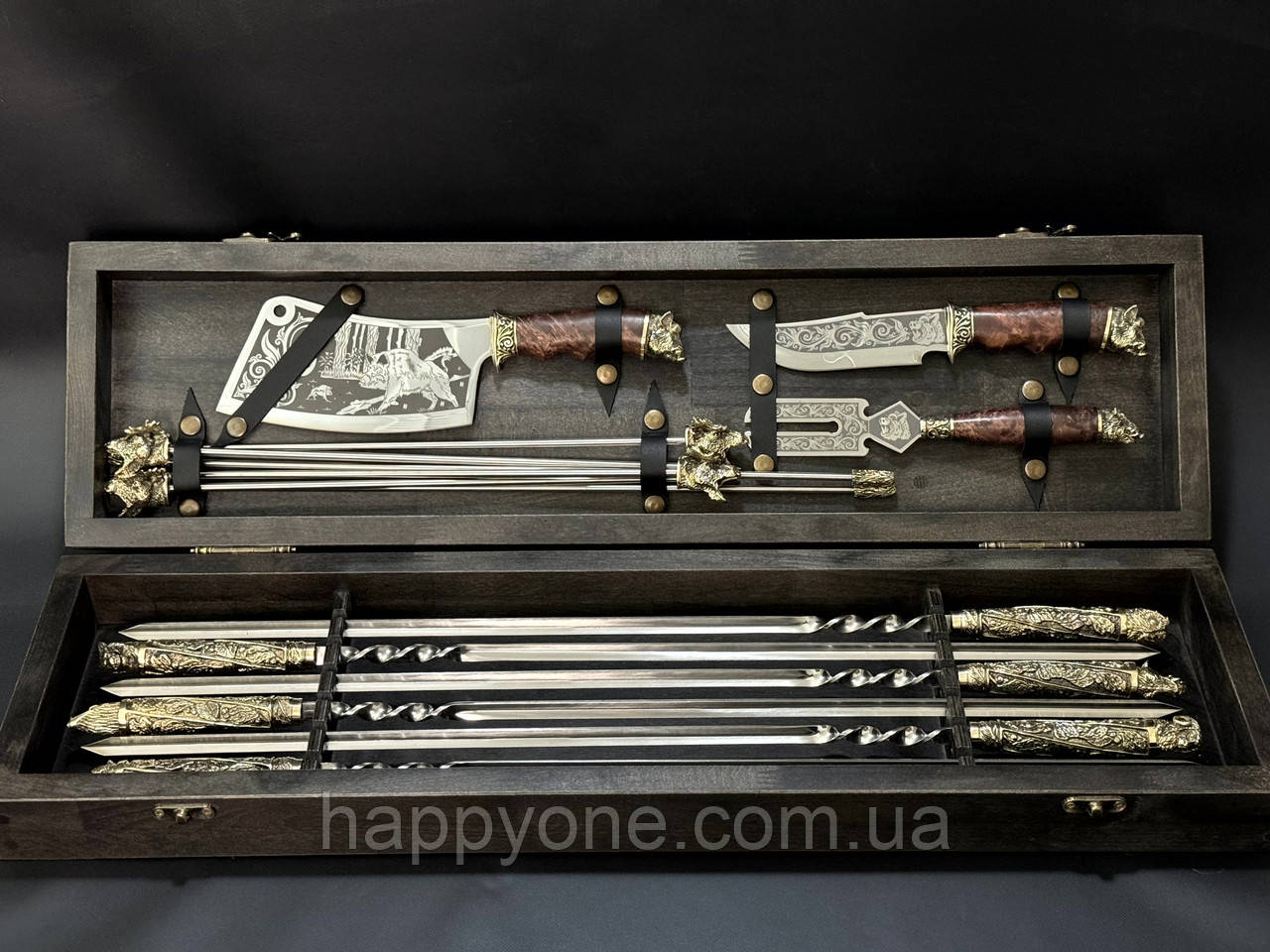 Подарунковий набір для шашлику "Дикі звірі Max" у дерев'яному кейсі (шампура, мангал, ніж, виделка, сікач), фото 1