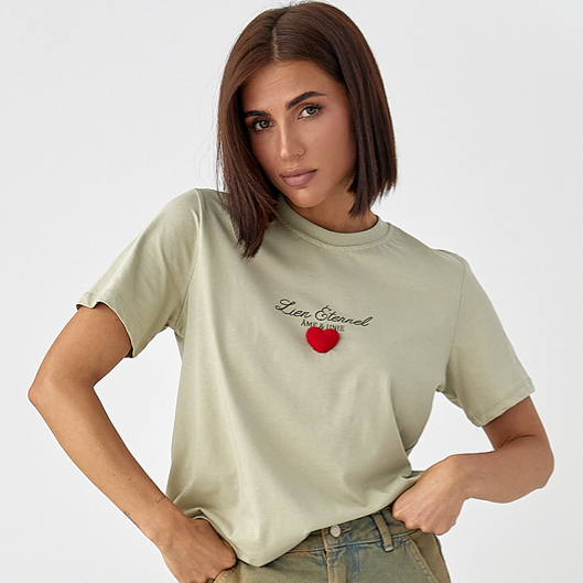 Базова жіноча футболка з написами хакі модна турецька футболка бавовна з об'ємним серцем, фото 1