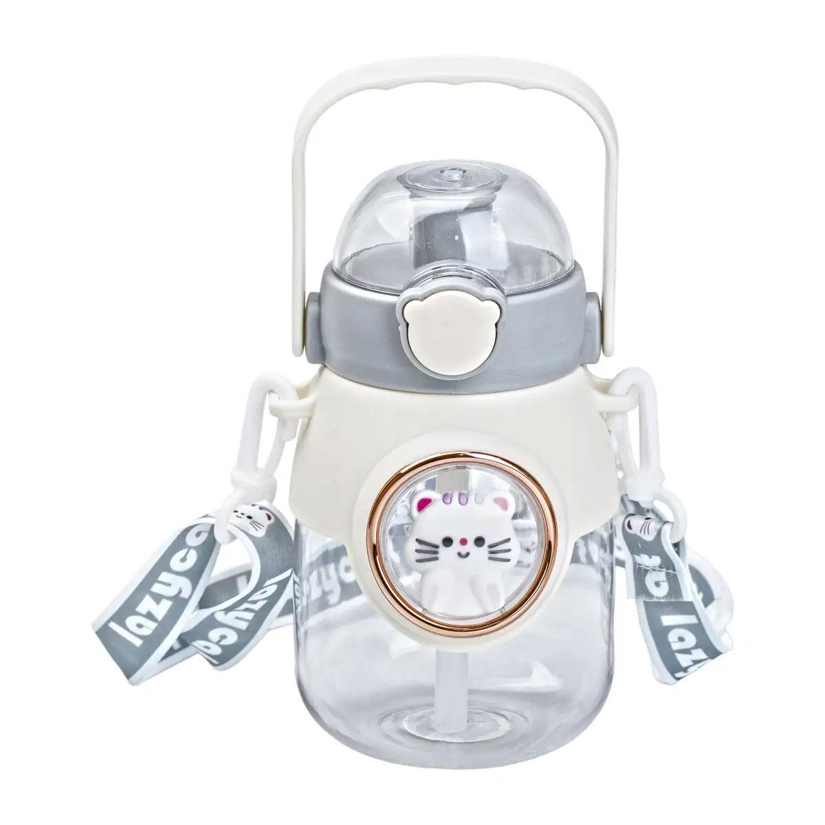 Пляшка для води з трубочкою 820 мл дитяча з ручкою та ремінцем Сірий HPGM2217G, фото 1