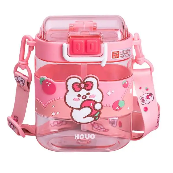 Пляшка для води дитяча з трубочкою та ремінцем 560 мл пляшечка для пиття в школу 15 см Рожева HP-14-36P, фото 1