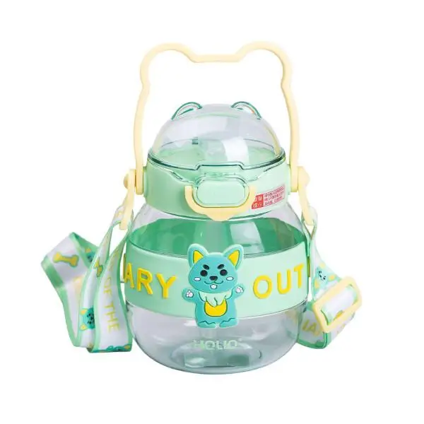 Пляшка для води дитяча з трубочкою 580 мл з ручкою та ремінцем Зелена HP-14-37GR, фото 1