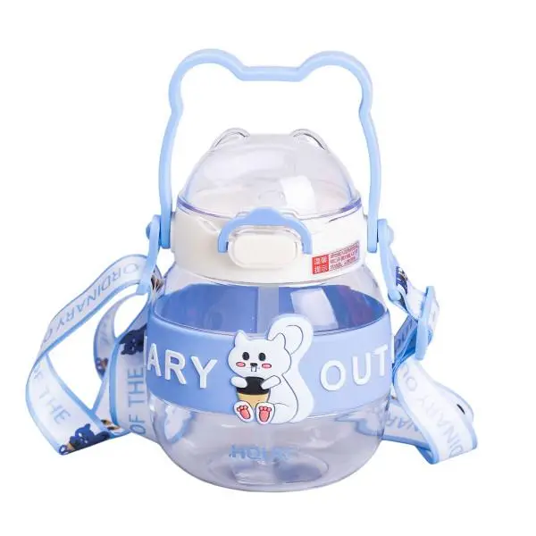 Пляшка для води дитяча з трубочкою 580 мл з ручкою та ремінцем 15 см Синя HP-14-37BL, фото 1