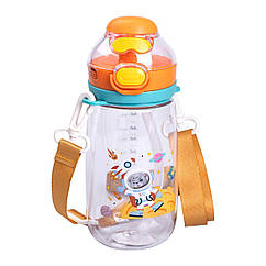 Пляшка для води дитяча 550 мл з ремінцем і трубочкою для спорту та школи 20 см Помаранчева HP-14-45O