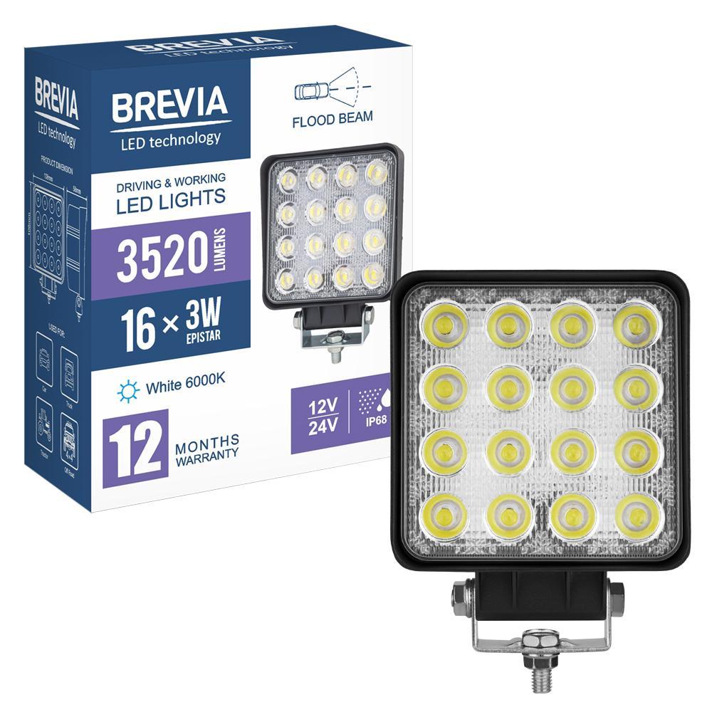 Фара світлодіодна Brevia 10-30V, 48W (16x3W), 3520Lm, EPISTAR WHITE, FLOOD, фото 1
