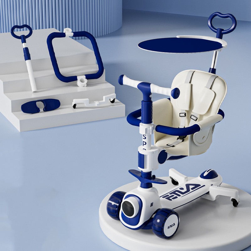 Дитячий самокат 5 в 1 з музикою бортиком козирком і батьківською ручкою світлодіодні колеса, фото 1