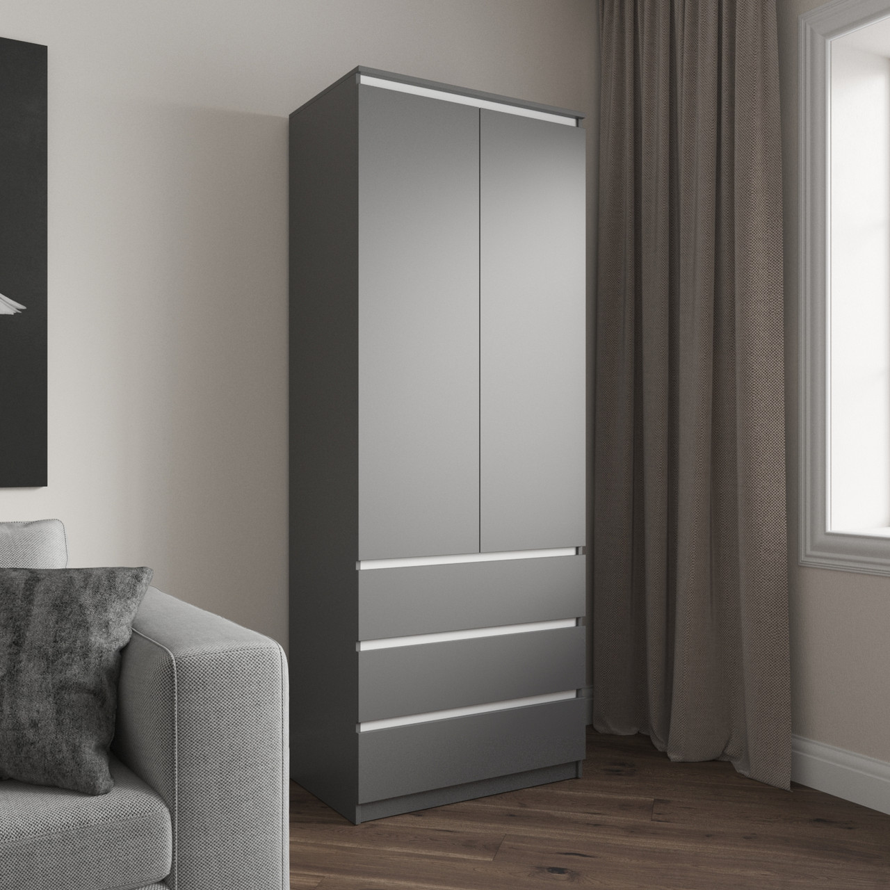 Шафа сіра з білими вставками на 4 полиці та 3 шухляди h211*80*50см, фото 1