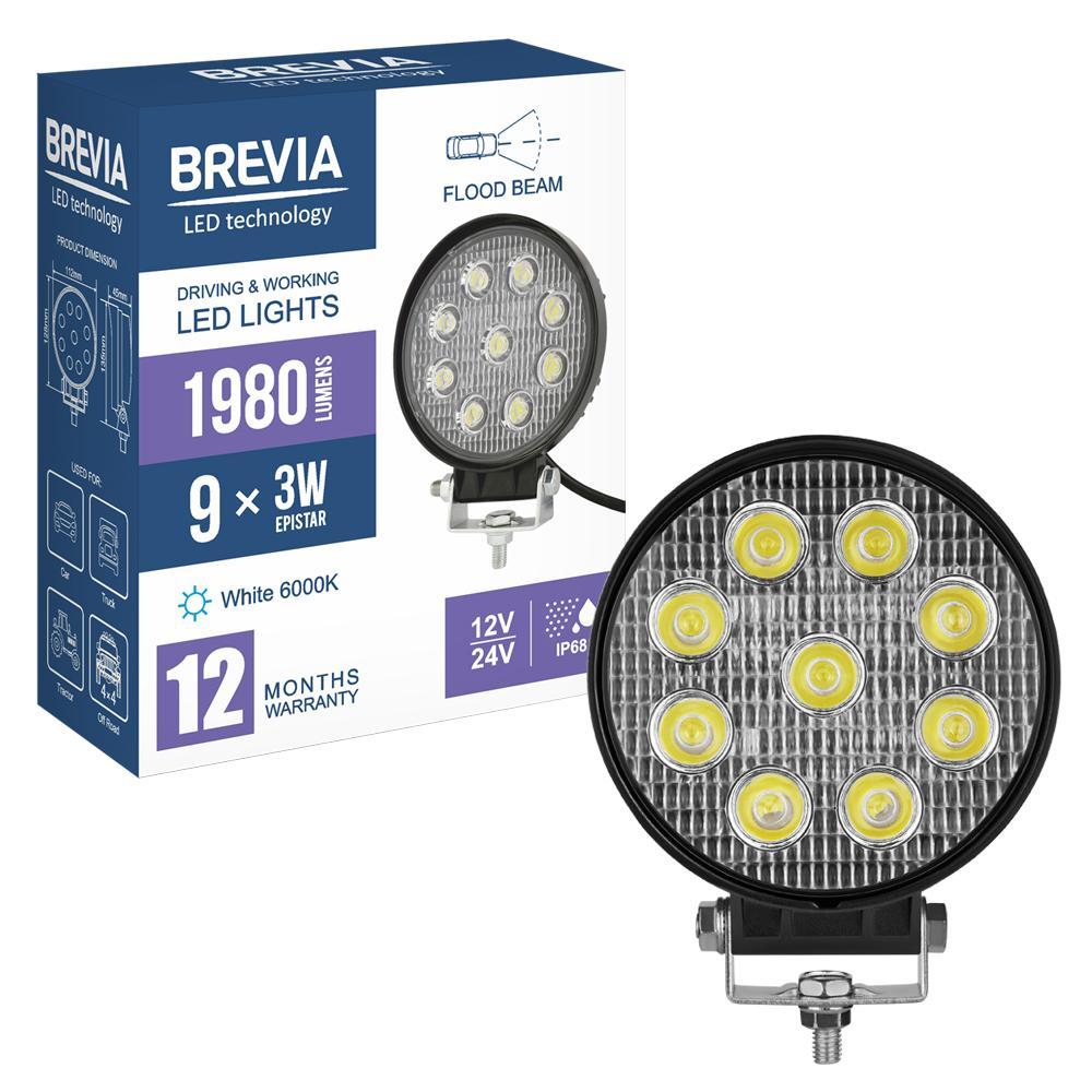 Фара світлодіодна Brevia 10-30V, 27W (9x3W), 1980Lm, EPISTAR, FLOOD