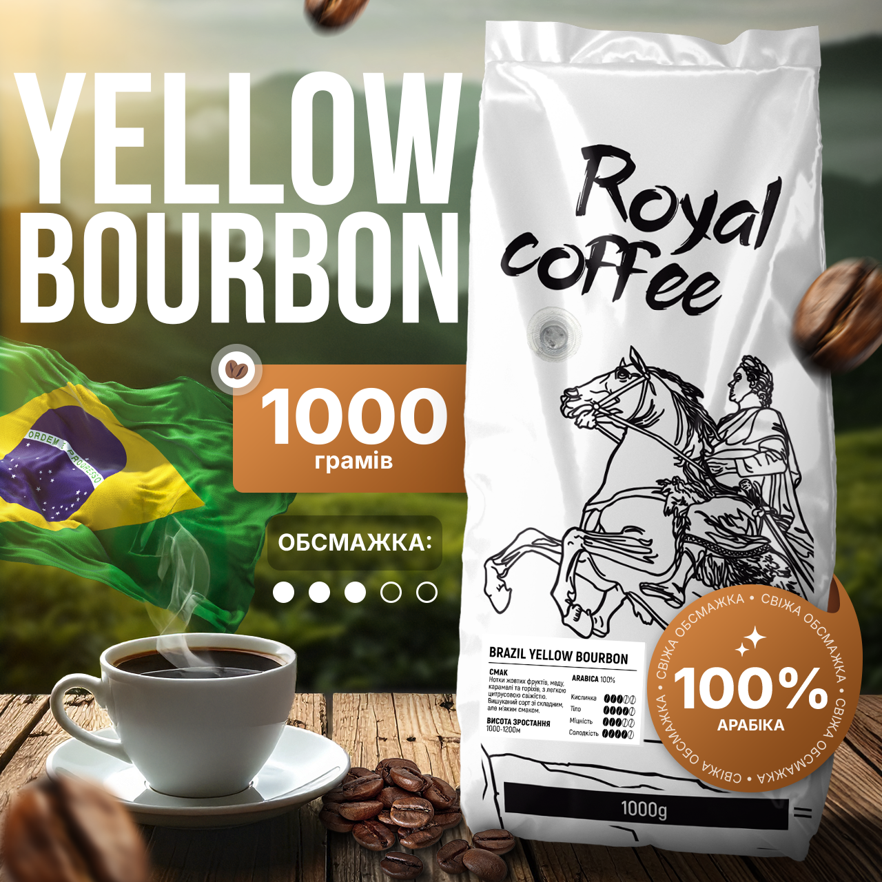 Кава зернова арабіка Бразилія Жовтий Бурбон | Brazil Yellow Bourbon 1кг, фото 1