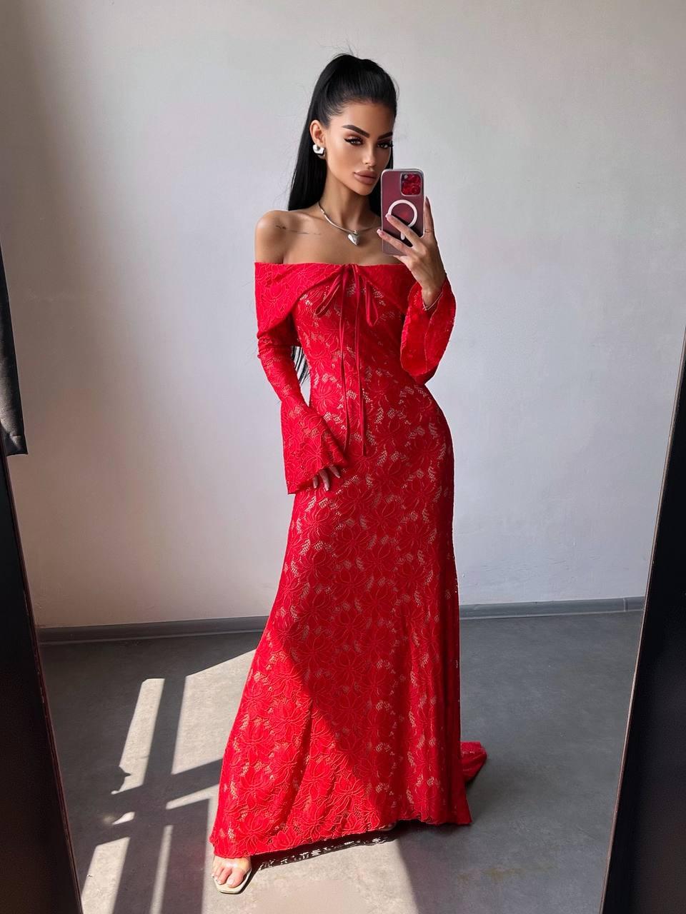 Жіноче вечірнє плаття максі мереживне з відкритими плечима та розкльошеними рукавами (р. S, M) 66036032Е, фото 1