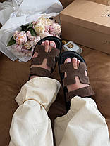 Жіночі шльопанці Hermes Sandals Brown Black Сланці Ермес коричневі на липучці шкіра замша легкі на літо, фото 3