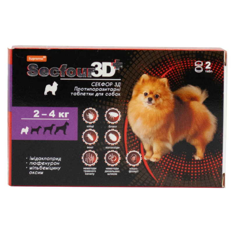 Протипаразитарні таблетки проти бліх і кліщів для собак вагою 2-4 кг Secfour 3D, 2 таб/уп-0,2 г