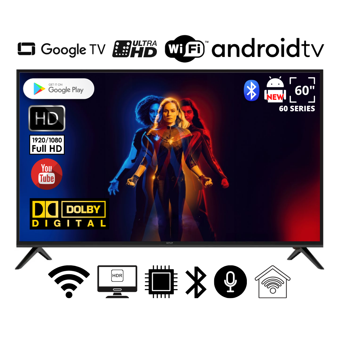Телевізор Smart FHD TV SetUP 60" Android 15.0/Smart TV/DVB/T2/FullHD/USB блютуз пульт, фото 1
