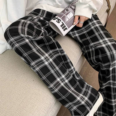 Штани жіночі в клітинку чорні сірі вільні оверсайз трендові шкільні для дівчинки XS-S