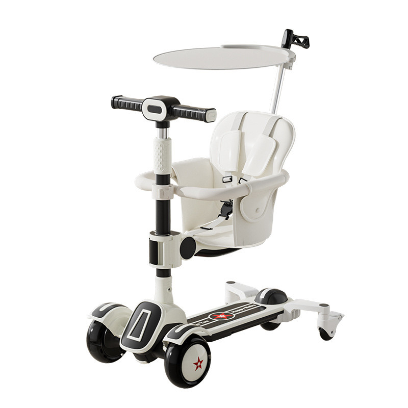 Дитячий самокат 5 в 1 з бортиком козирком музикою і батьківською ручкою світлодіодні колеса, фото 1