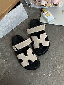 Жіночі шльопанці Hermes Sandals Grey Black Сланці Ермес сірі з чорним на липучці шкіра замша легкі на літо