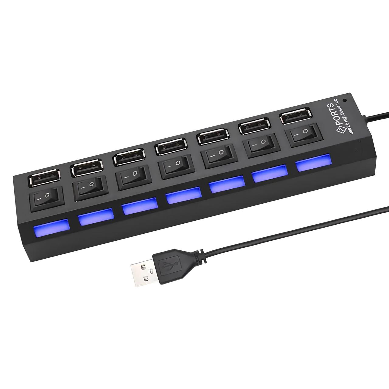 USB Hub 2.0 на 7 портів, підсвічування, індикація роботи 165х35х22 мм, ЮСБ хаб