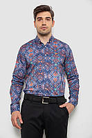 Синяя мужская рубашка прямого кроя с ярким геометрическим принтом из хлопка стрейч