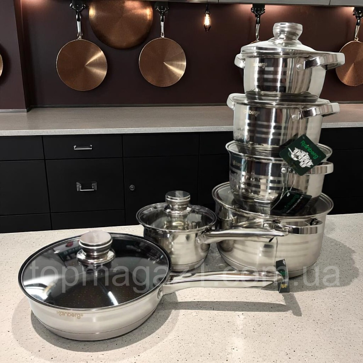 Набір посуду 12в1 Rainberg з нержавіючої сталі зі сковородою і сотейником для всіх плит, фото 1