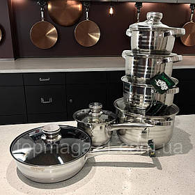Набір посуду 12в1 Rainberg з нержавіючої сталі зі сковородою і сотейником для всіх плит