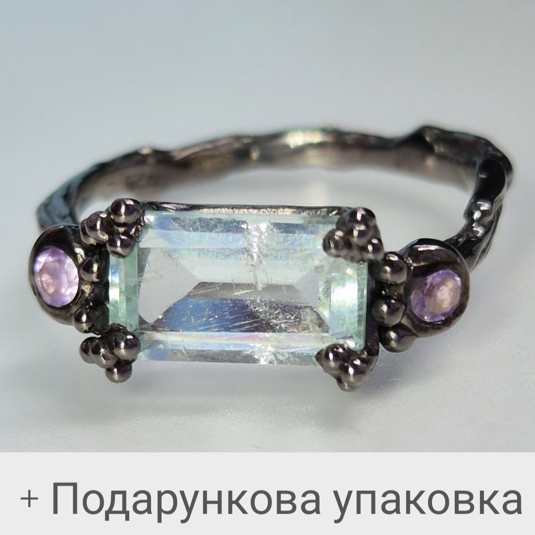 Срібна каблучка ручної роботи з природними аквамарином і аметистами, розмір 17.25, фото 1