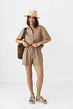 Лляний жіночий костюм із сорочкою та шортами коричневий легкий літній костюм із льону розмір S, фото 2