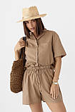 Лляний жіночий костюм із сорочкою та шортами коричневий легкий літній костюм із льону розмір S, фото 4