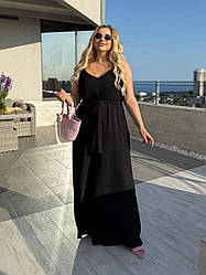 Стильний жіночий літній комбінезон із жатки, на тонких бретелях і з пояском, батал великі розміри