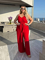 Стильний жіночий літній комбінезон із жатки, на тонких бретелях і з пояском, батал великі розміри