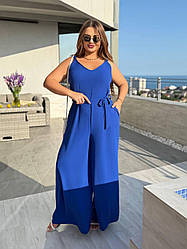 Стильний жіночий літній комбінезон із жатки, на тонких бретелях і з пояском, батал великі розміри