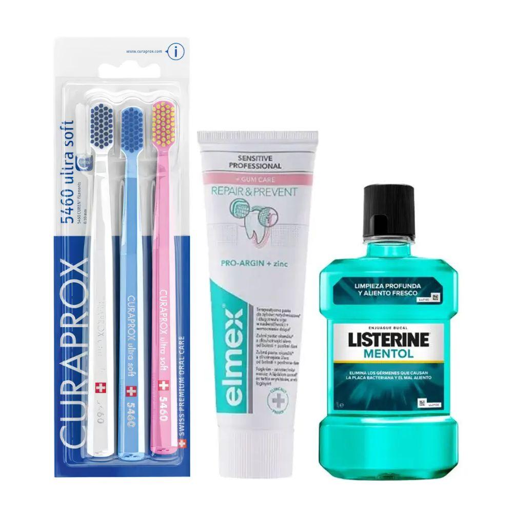 Набір зубних щіток Curaprox CS 5460/3 + зубна паста ELMEX Sensitive Professional + ополіскувач LISTERINE mentol