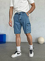 Якісні чоловічі щільні джинсові карго шорти на літо стильні шорти з кишенями під ремінь для хлопців
