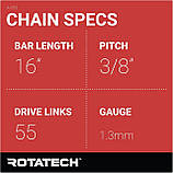Ланцюг для пили Rotatech 16 дюймів Ланцюг 3/8" 1,3 мм 55 ланок для стрижня 40 см Підходить для Stihl MS181 Сумісний з Oregon 36360, фото 3