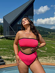 Стильний роздільний купальник в структурний рубчик: бандо ліф та високі плавки, батал великі розміри