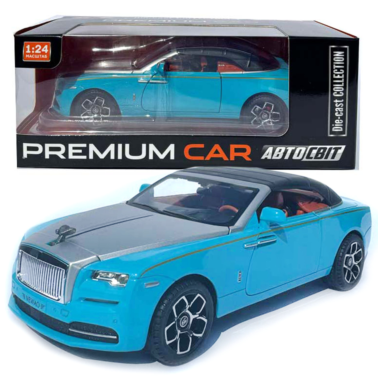 Машинка метал Rolls-Royce Dawn Spofec Ролс Ройс кабріолет голубий 1:24 відкр двері баг капот звук світло 22*6,5*8см (AP-2013)