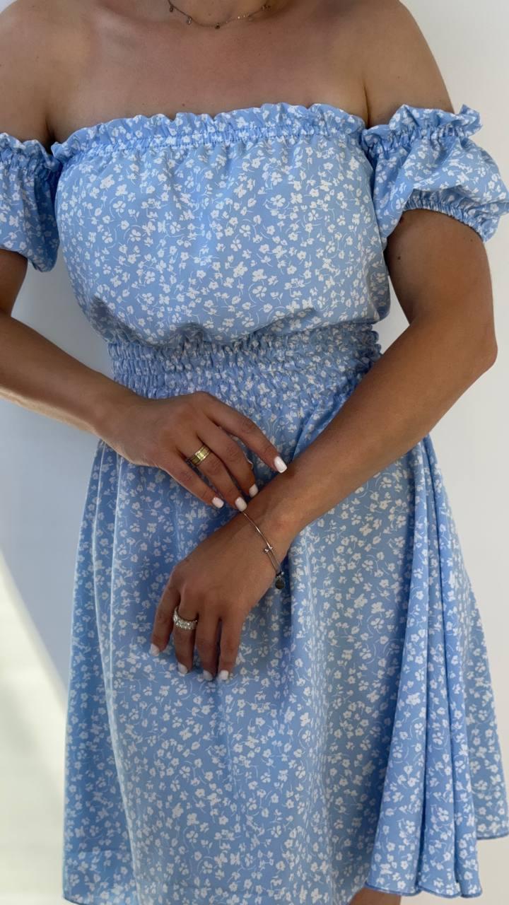 Коротке блакитне літнє плаття із софту з квітковим принтом, фото 1