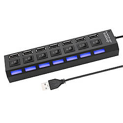 USB Hub 2.0 на 7 портів з підсвіткою та індикацією роботи — компактний USB-хаб розміром 165×35×22 мм, зручне розширення для