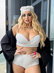 Стильний роздільний купальник в структурний рубчик: ліф з чашками та високі плавки, батал великі розміри