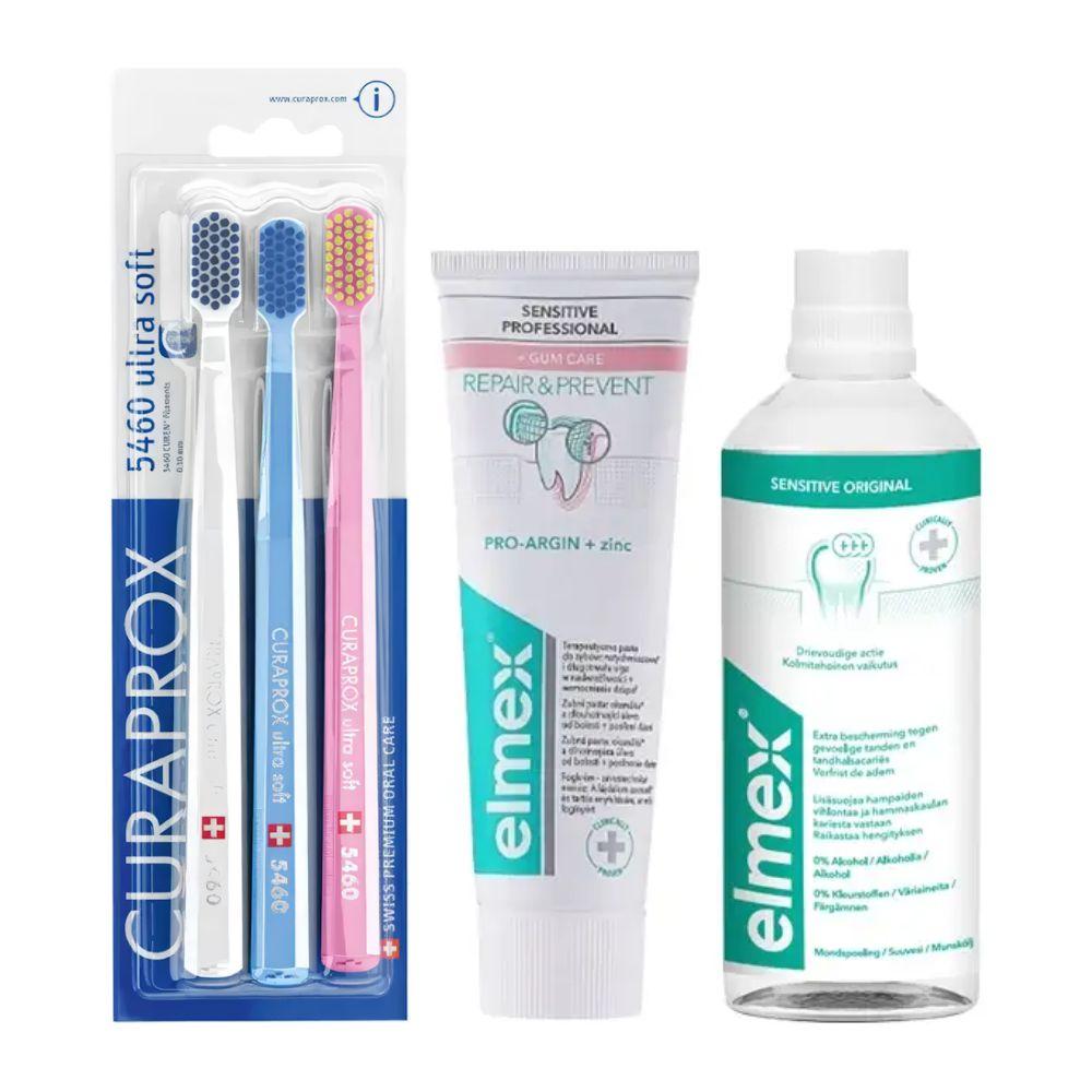 Набір зубних щіток Curaprox CS 5460/3 + зубна паста ELMEX Sensitive Professional Repair + ополіскувач ELMEX Sensitive Original