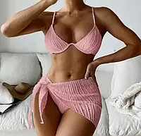 Роздільний купальник зі спідницею - парео Літо S M L (44 46 48) ліф на кісточках і трусики танга РОЖЕВИЙ