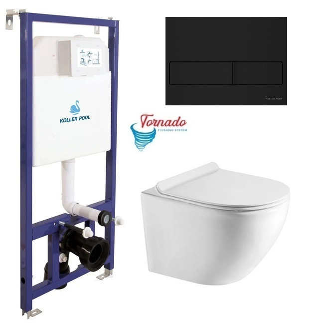 Інсталяція Koller Pool Dune 1200SL + Neon Black matt панель змиву + підвісний унітаз ROUND з сидінням Soft-close (змив Tornado, фото 1
