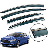 Дефлектори вікон (вітровики) для Ford Mondeo/Fusion USA 2014-2020 Sedan з неірж. хром смужкою накладні (HAWK)