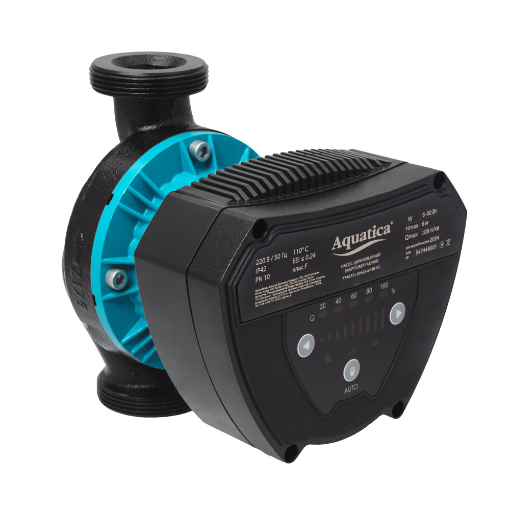 Насос циркуляційний енергоощадний 6-90 Вт Hmax 6м Qmax 108 л/хв Ø 2" 180 мм + гайки Ø11⁄4" AQUATICA, фото 1