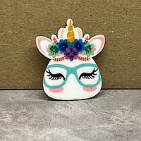 Серединка для бантиків (кабашон пластик) Єдиноріг (блакитні окуляри), 3,5 см, арт 03471, 1 шт, Різнокольоровий