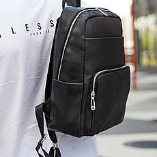 Чоловічий шкіряний рюкзак для ноутбука чорного кольору з двома кишенями, фото 4