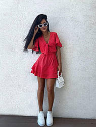 Жіноче літнє плаття в горох із зав'язкою на грудях, тканина принтована софт, з поясом червоне синє