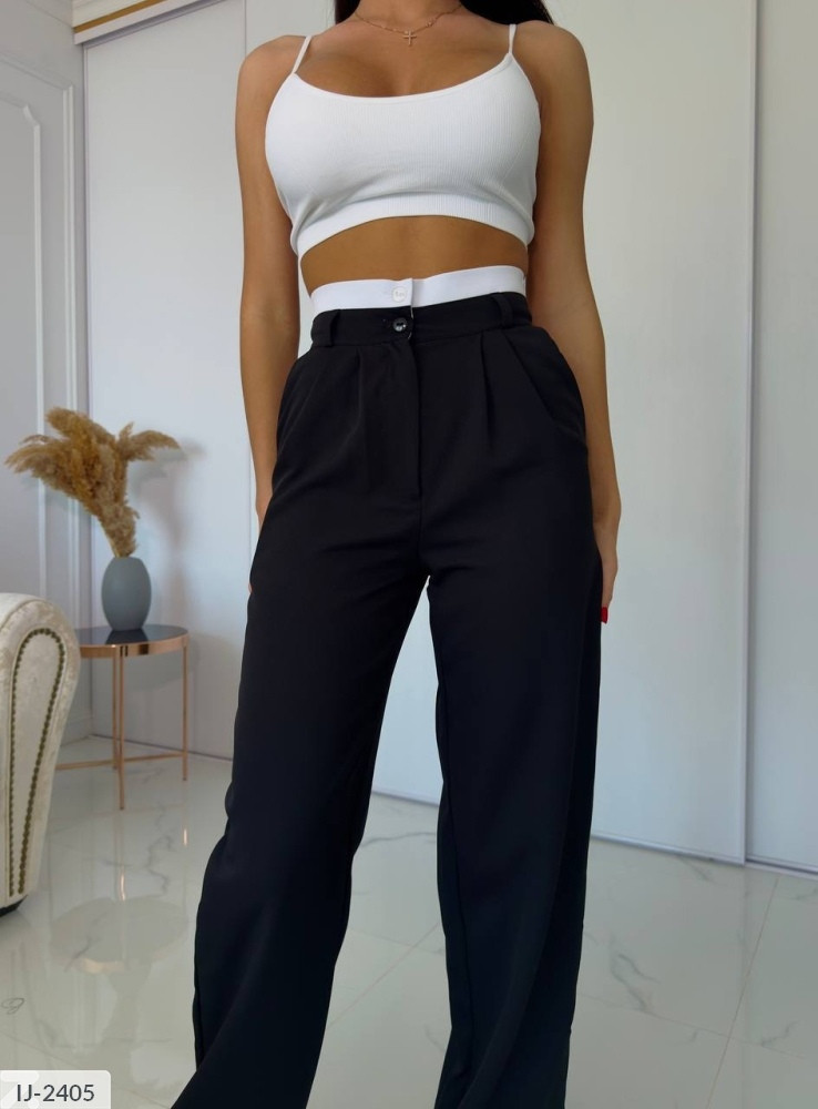 Штани ділові класичні стильні костюмні прямого крою із завищеною талією й білим поясом із кишенями